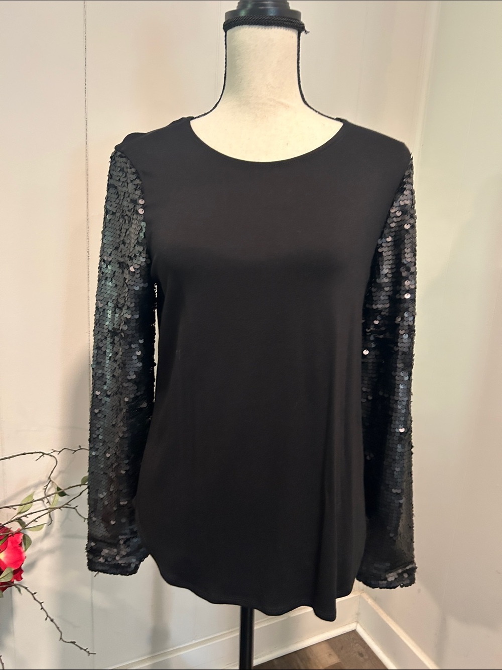 Cupio Black Long Sleeve Top with Sequin Sleeves